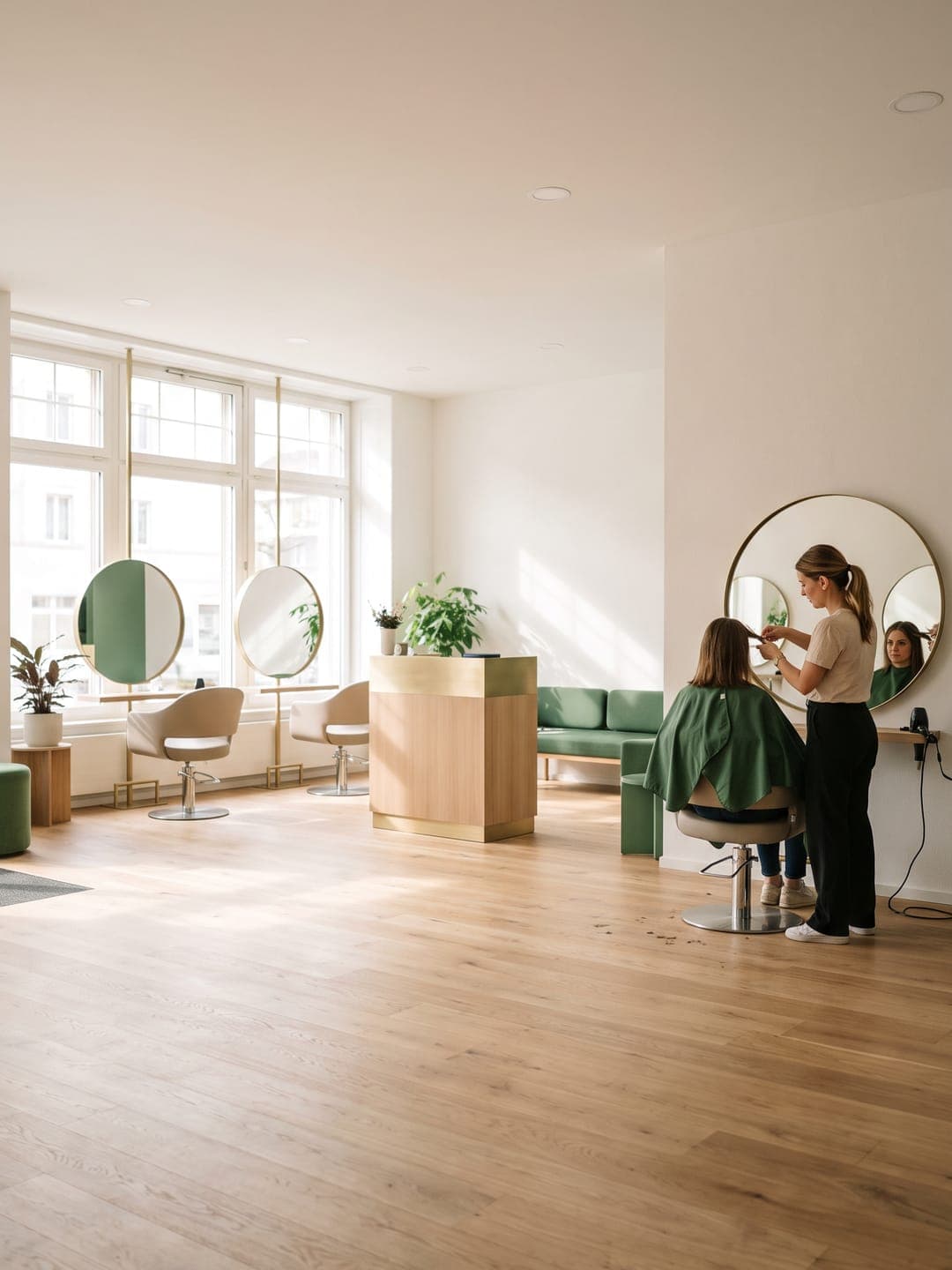 Un salon de coiffure lumineux avec des fauteuils et de grands miroirs